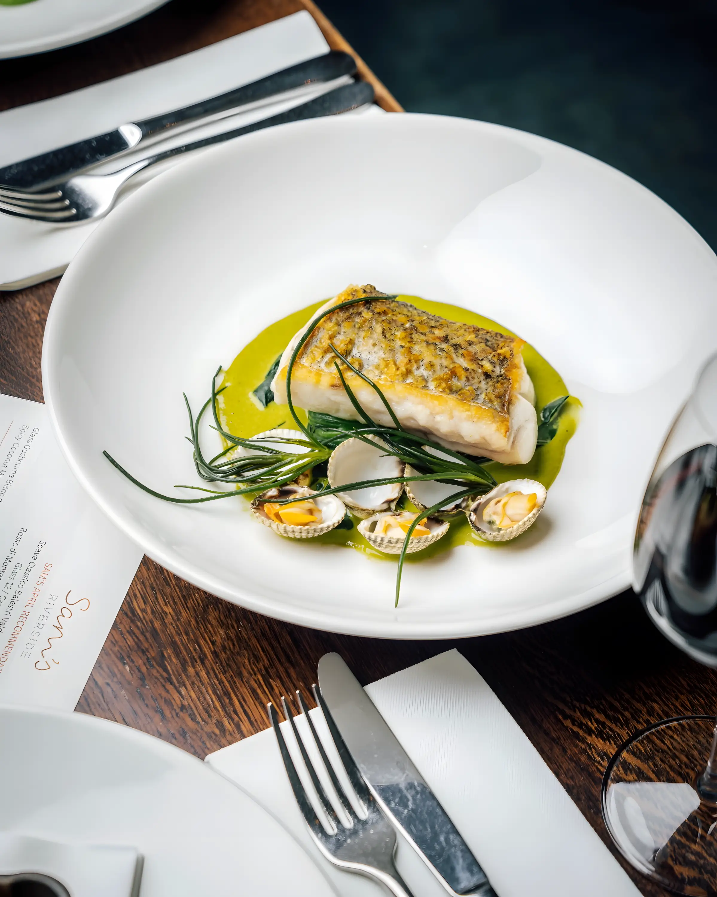 Cornish pollock with saffron beurre blanc, mussels and samphire at Sam’s Waterside, Brentford
