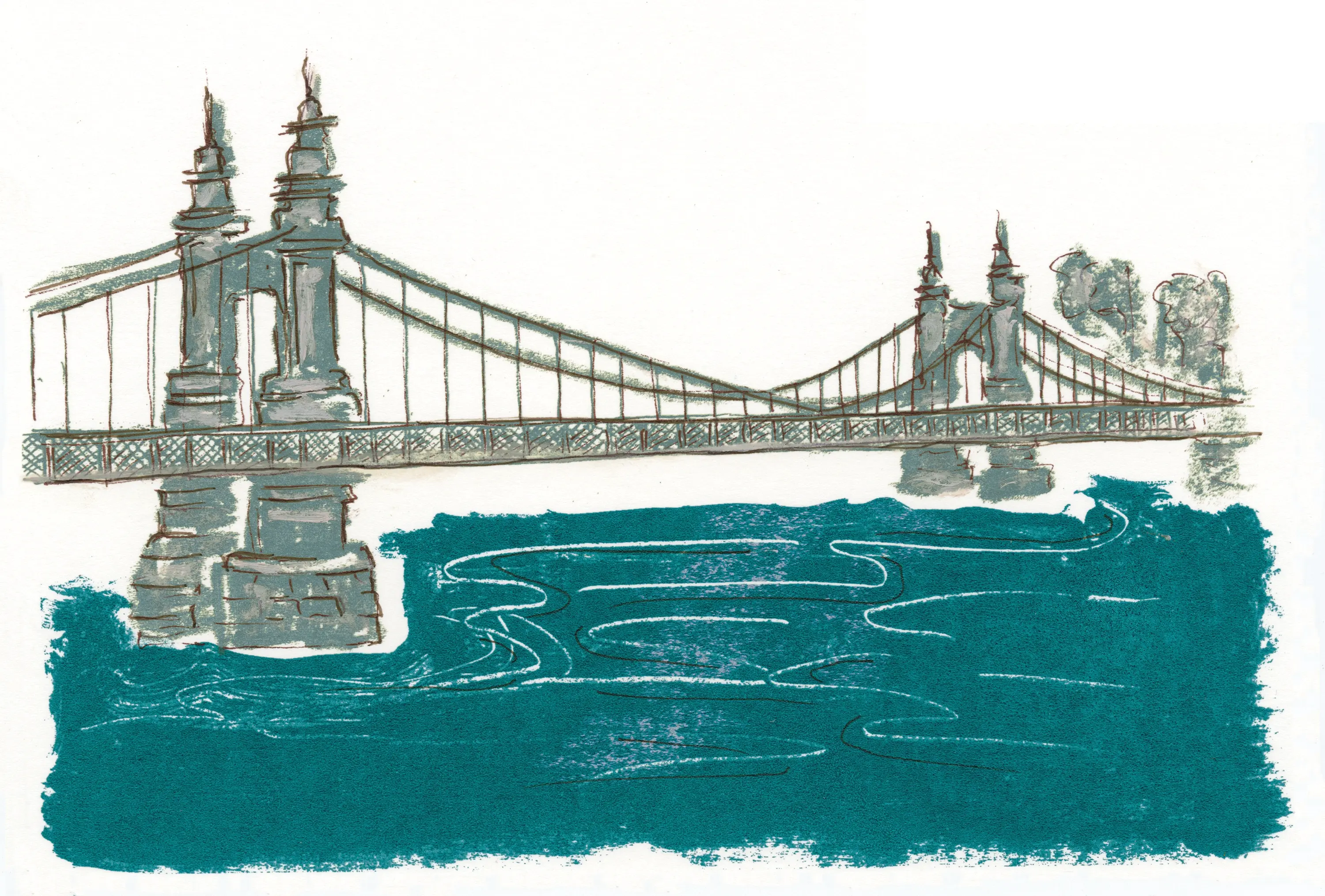 Illustration of Hammersmith Bridge at Christmas, the view from Sam's Riverside