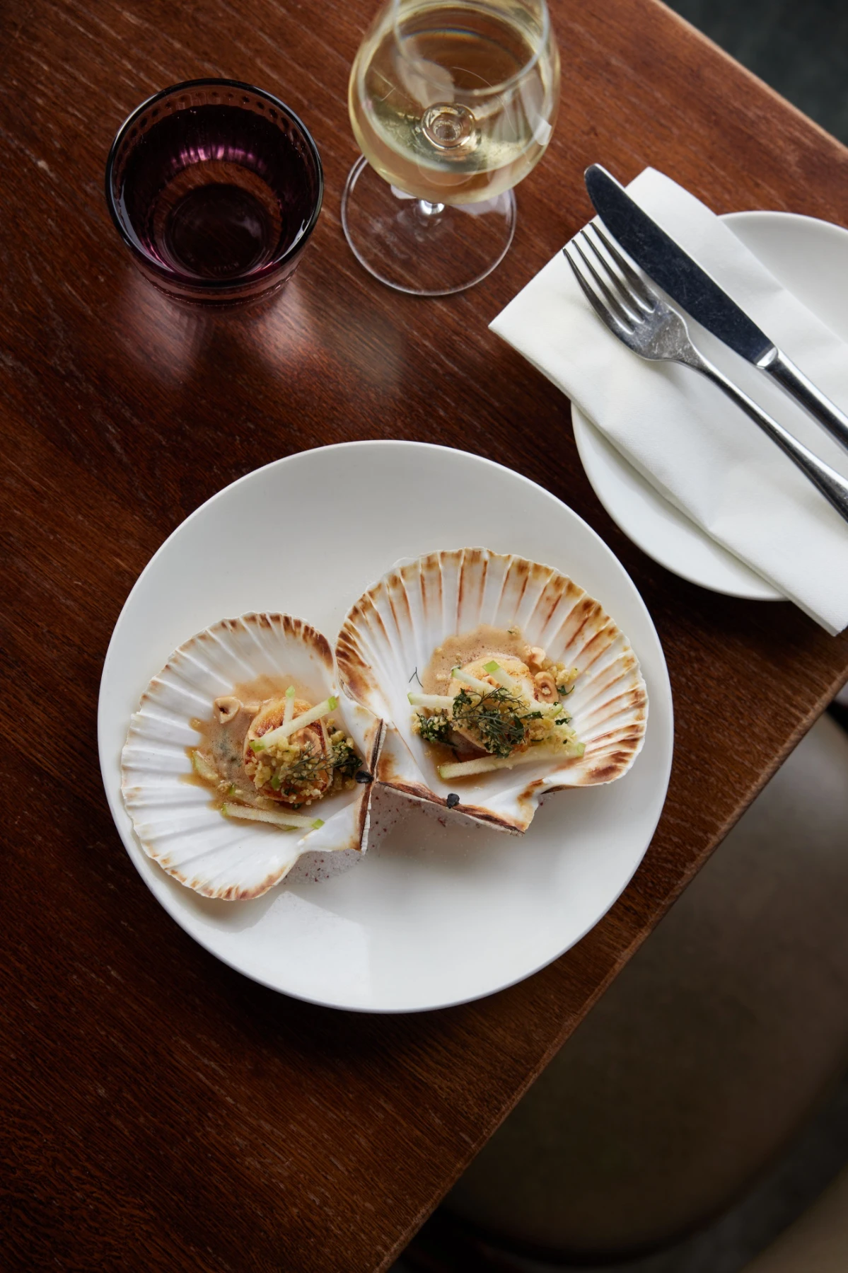 Diver-caught scallop with brown butter and hazelnut, from the Christmas menu at Sam's Riverside, Hammersmith