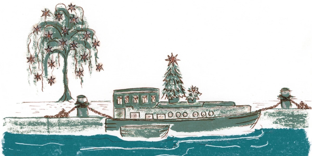 Christmas illustration of a moored boat and a tree decorated with stars