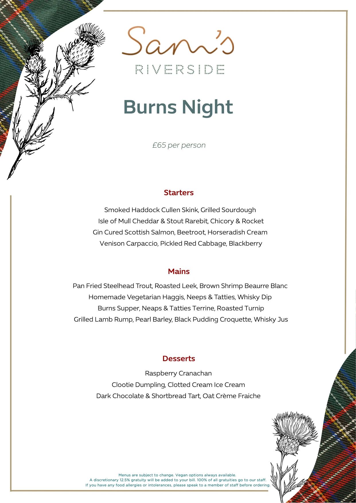 Burns Night three-course menu at Sam's Riverside