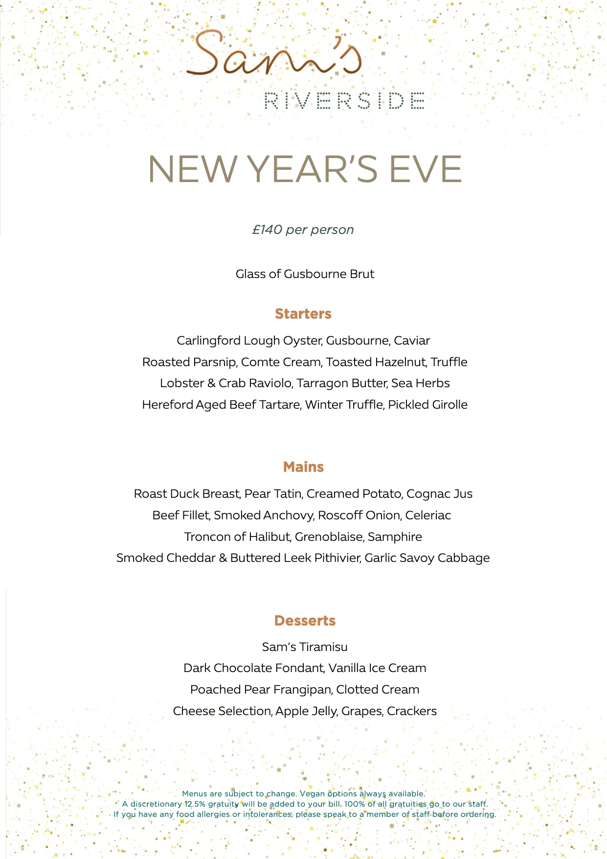 New Year's Eve three-course menu at Sam's Riverside