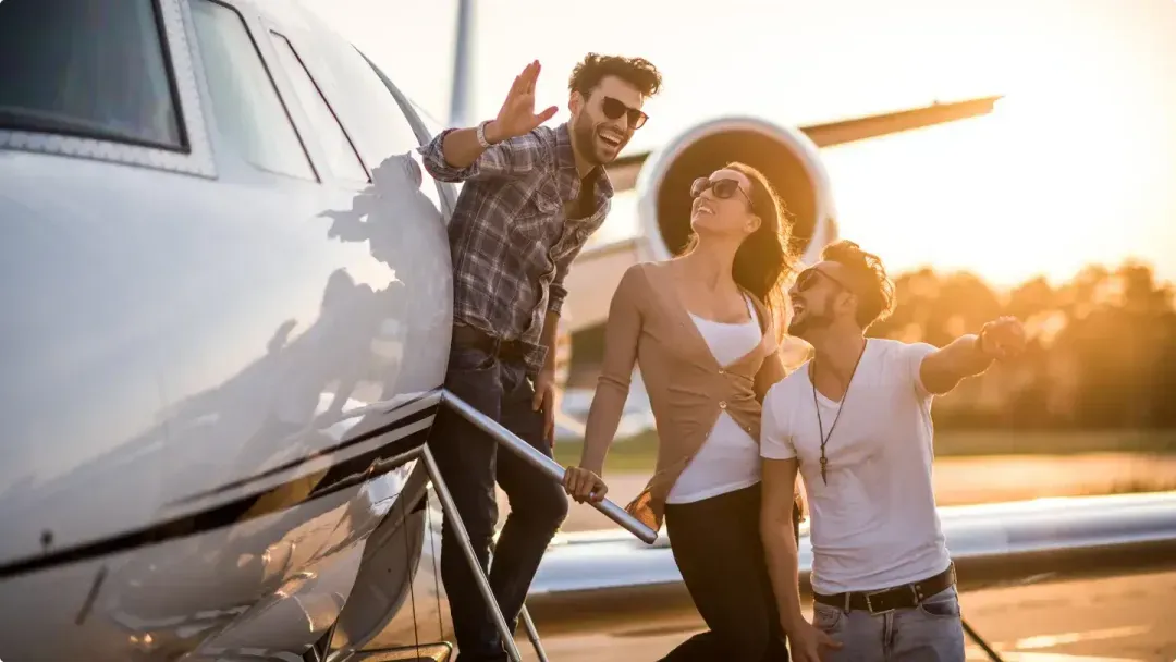 A group of friends are ready to fly in jet sharing