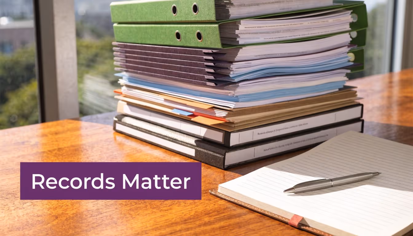 A stack of organized document binders on a wooden desk next to a notebook and pen.