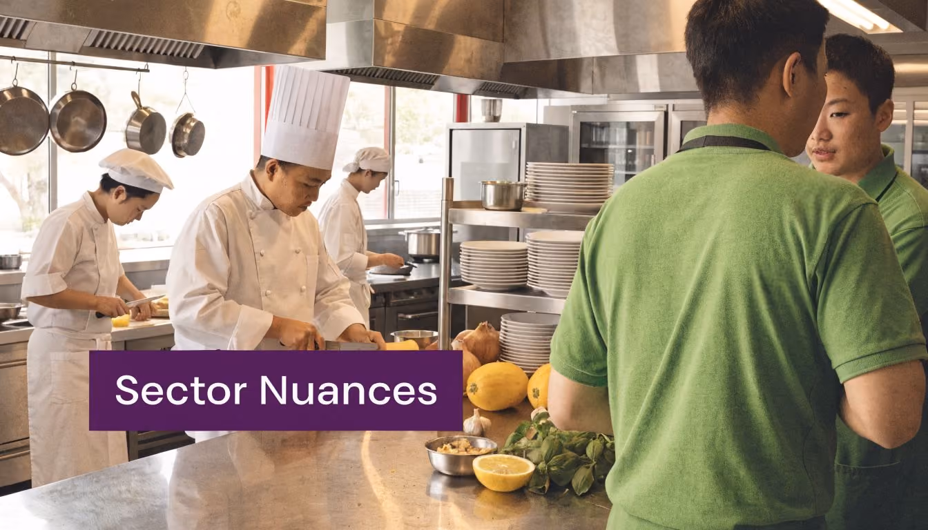 Professional chefs preparing fresh ingredients in a busy commercial kitchen setting for meal service.