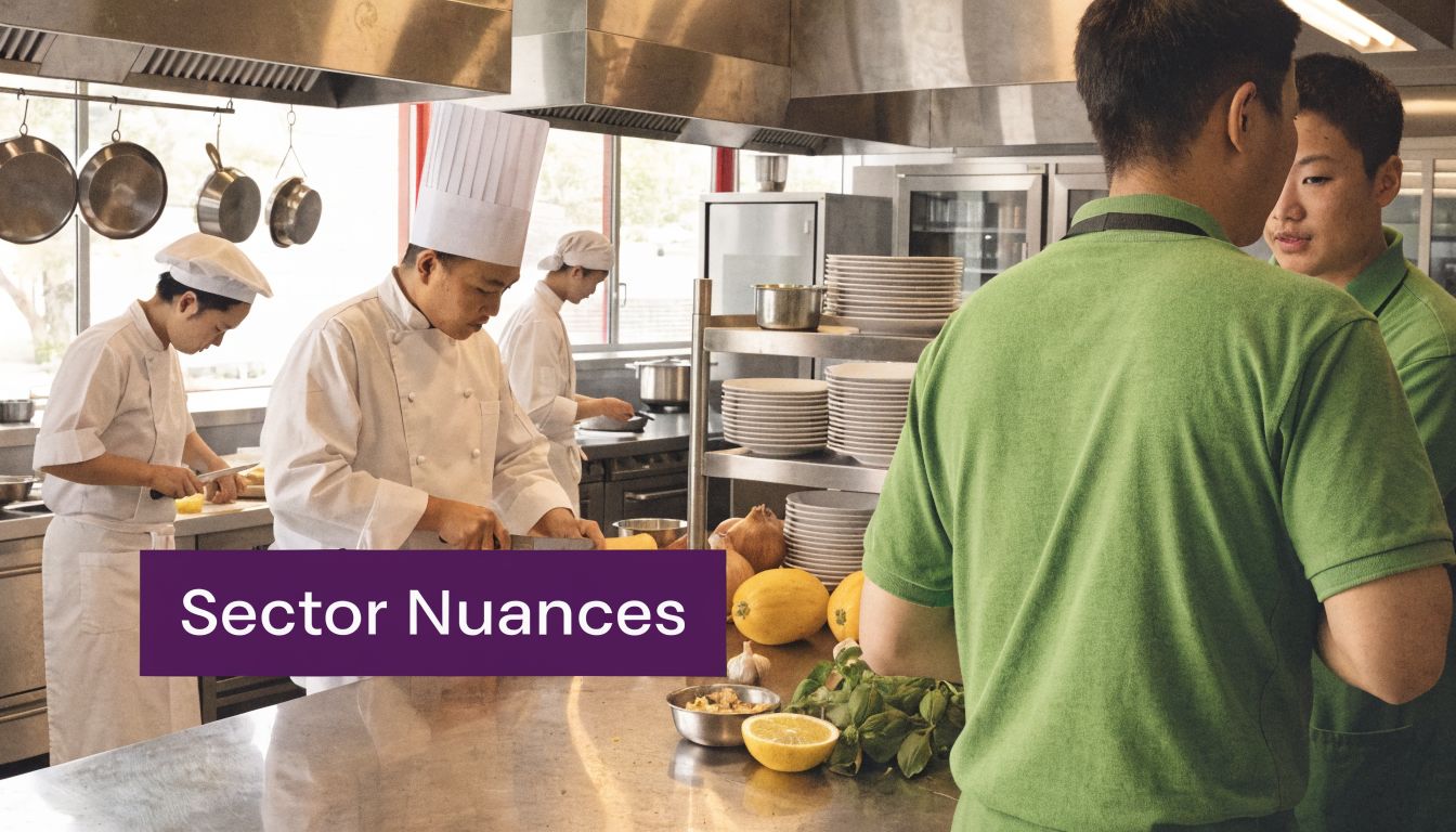Professional chefs preparing fresh ingredients in a busy commercial kitchen setting for meal service.