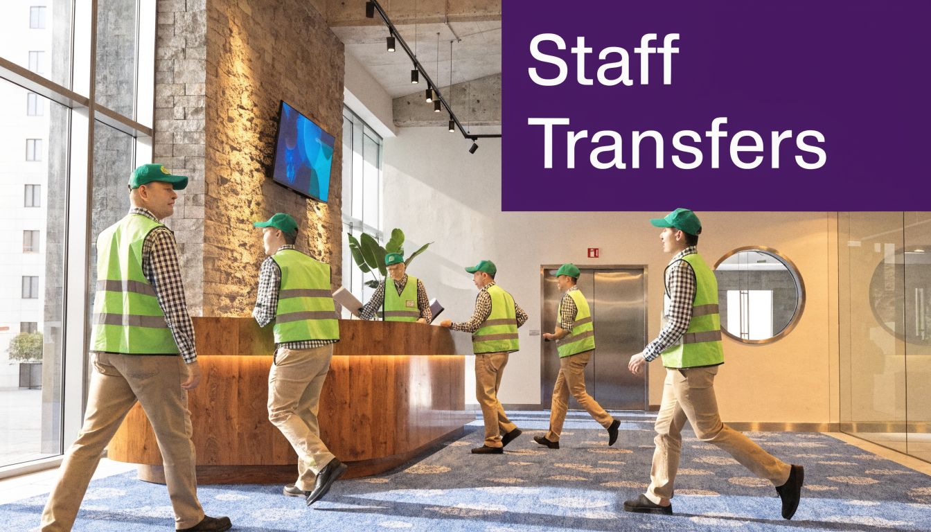 Several staff members wearing high visibility vests and green caps walking through a modern hotel lobby.