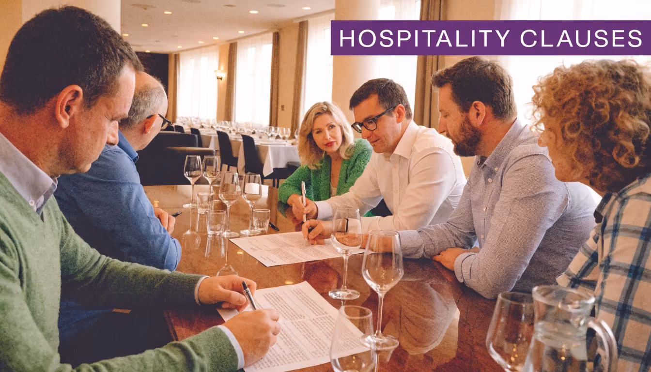 A professional group of colleagues sitting around a wooden table signing a contract of employment document.