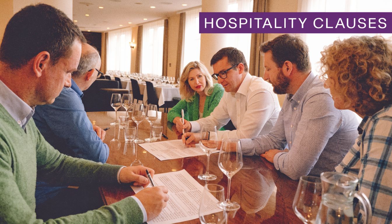 A professional group of colleagues sitting around a wooden table signing a contract of employment document.