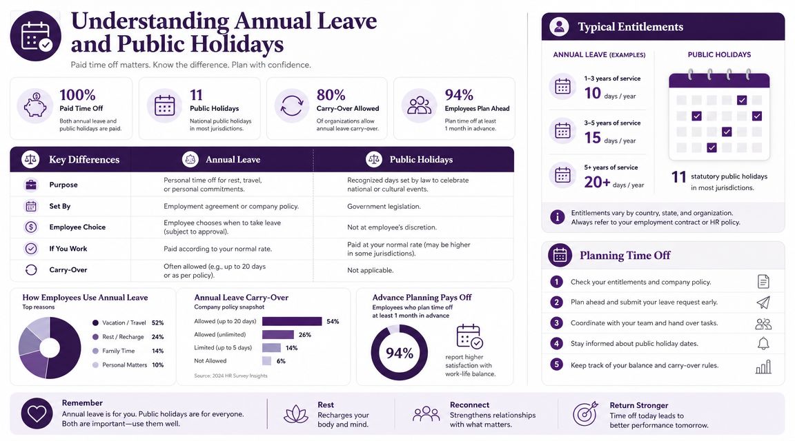 An infographic detailing the differences between annual leave and public holidays, including typical entitlements and planning tips.