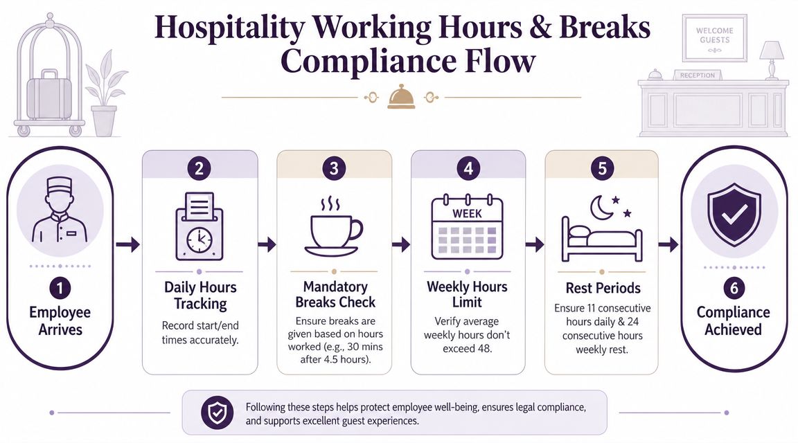 A flow chart illustrating six steps for managing hospitality employee working hours and compliance in Ireland.