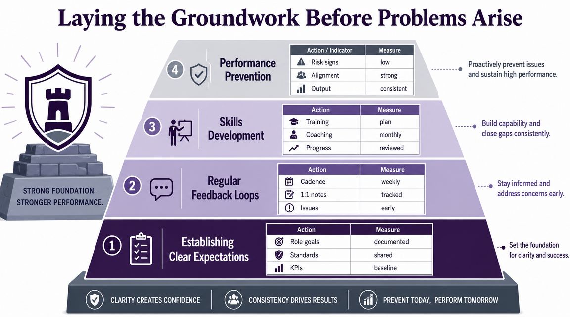 A four-level pyramid infographic detailing strategies to manage employee performance and prevent workplace problems effectively.
