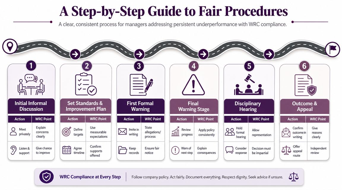 A six-step flow chart infographic outlining fair workplace procedures for managers handling persistent underperformance in Ireland.