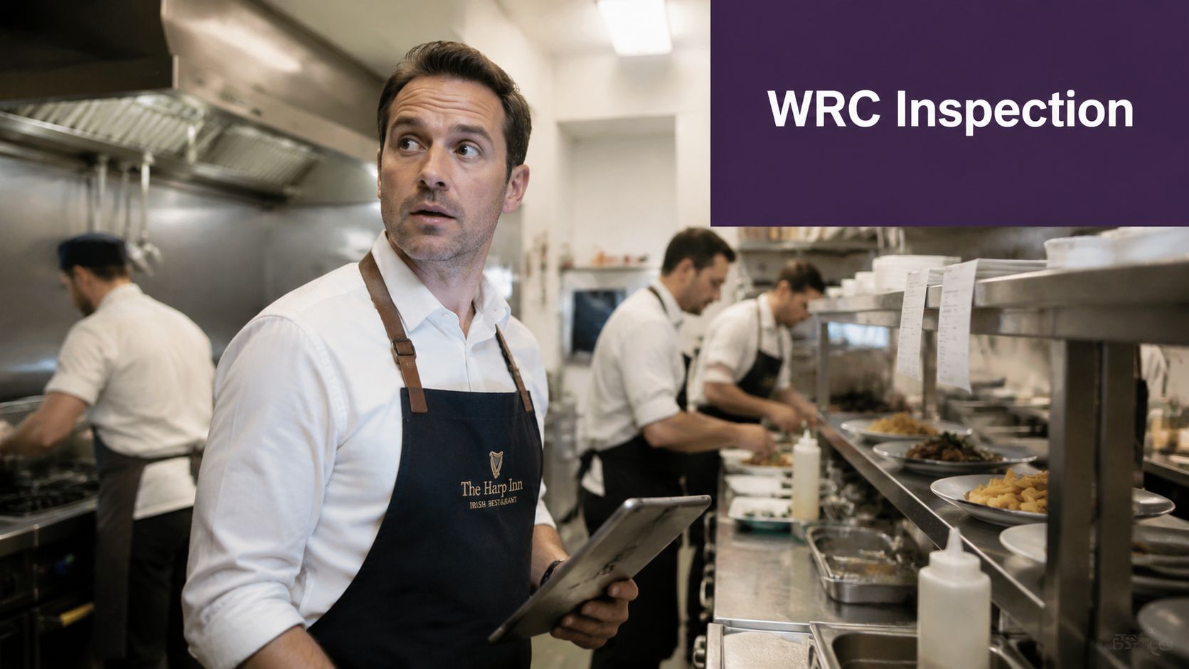 A concerned restaurant manager holding a tablet while observing kitchen staff during a workplace inspection.