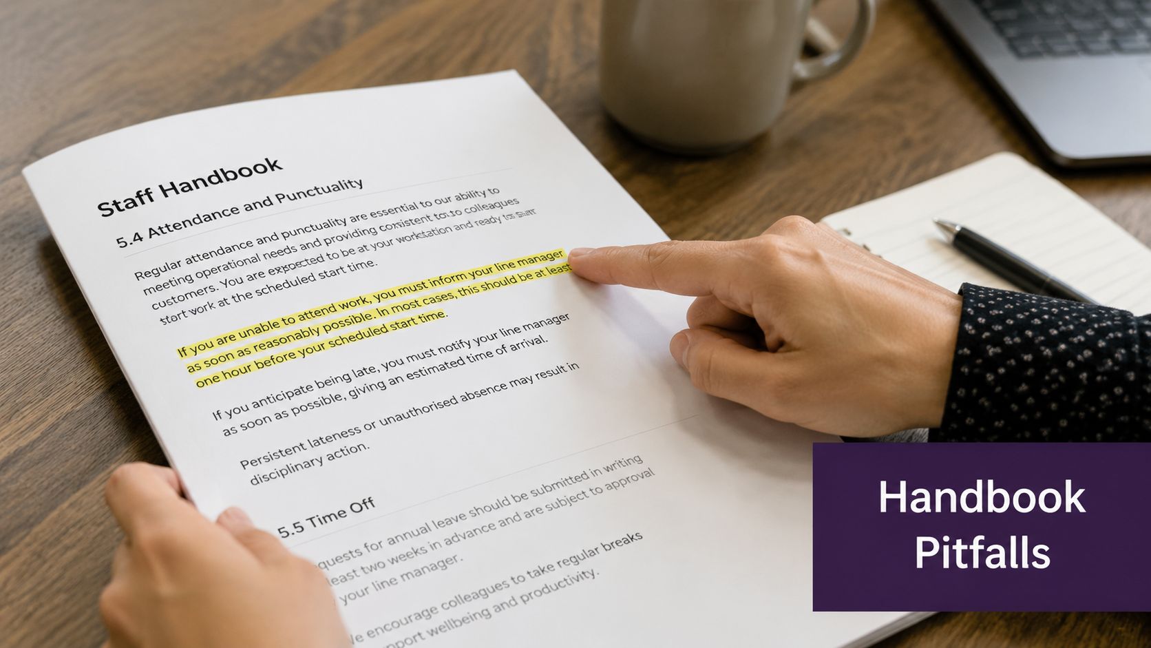 A hand pointing at a staff handbook document outlining attendance, punctuality, and time off policies.