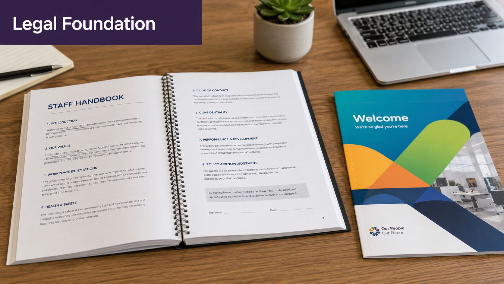 Open staff handbook on a desk next to a laptop and a welcome booklet for new employees.