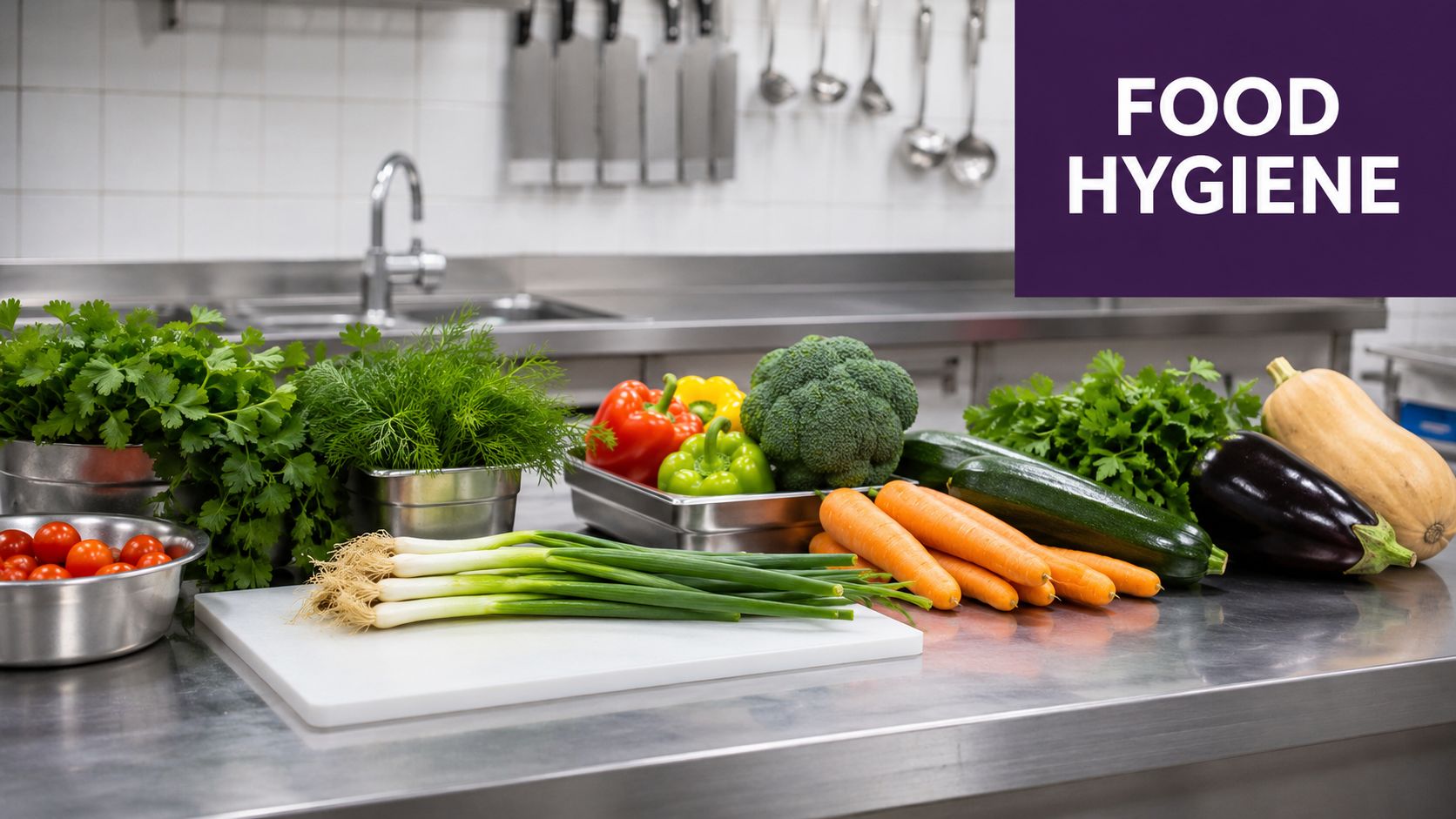A professional kitchen counter filled with fresh vegetables, herbs, and a food hygiene sign in the background.