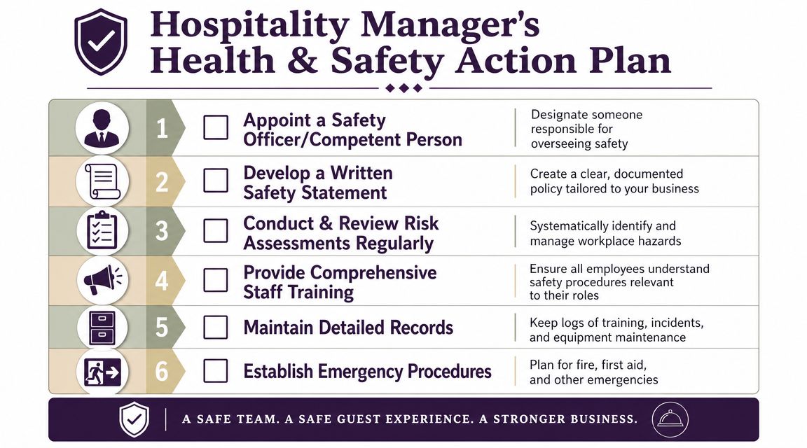 A checklist infographic outlining six essential steps for hospitality managers to maintain a safe work environment.