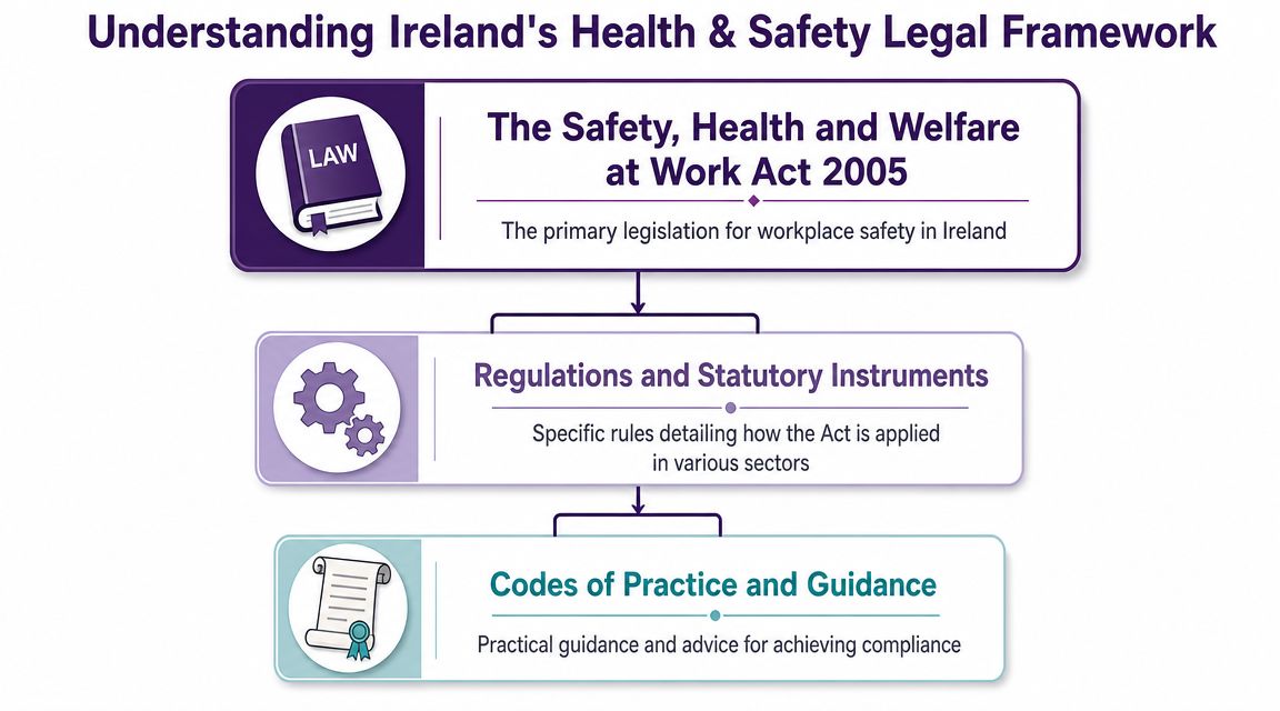 A flowchart showing the hierarchy of Ireland's health and safety legal framework, from the 2005 Act downwards.