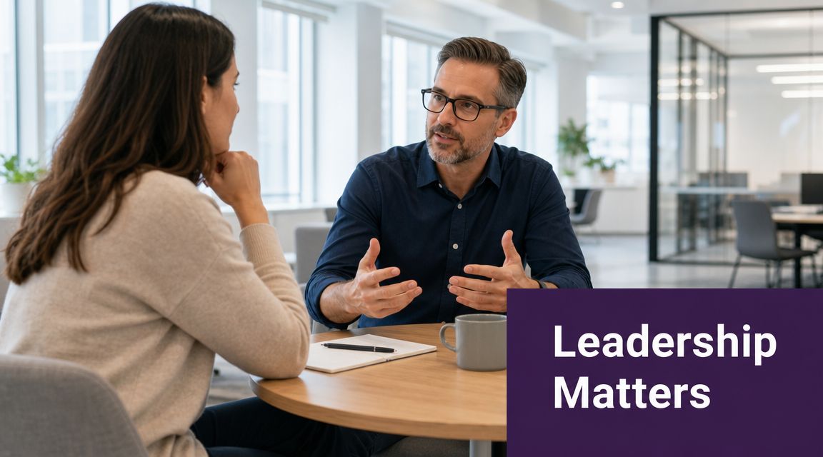 A professional man and woman having a business discussion while sitting at a circular office table.