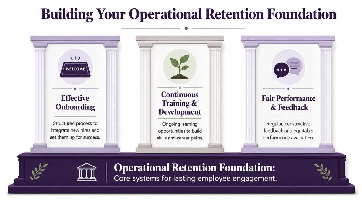 A graphic showing three pillars of operational retention: effective onboarding, continuous training, and fair performance feedback.
