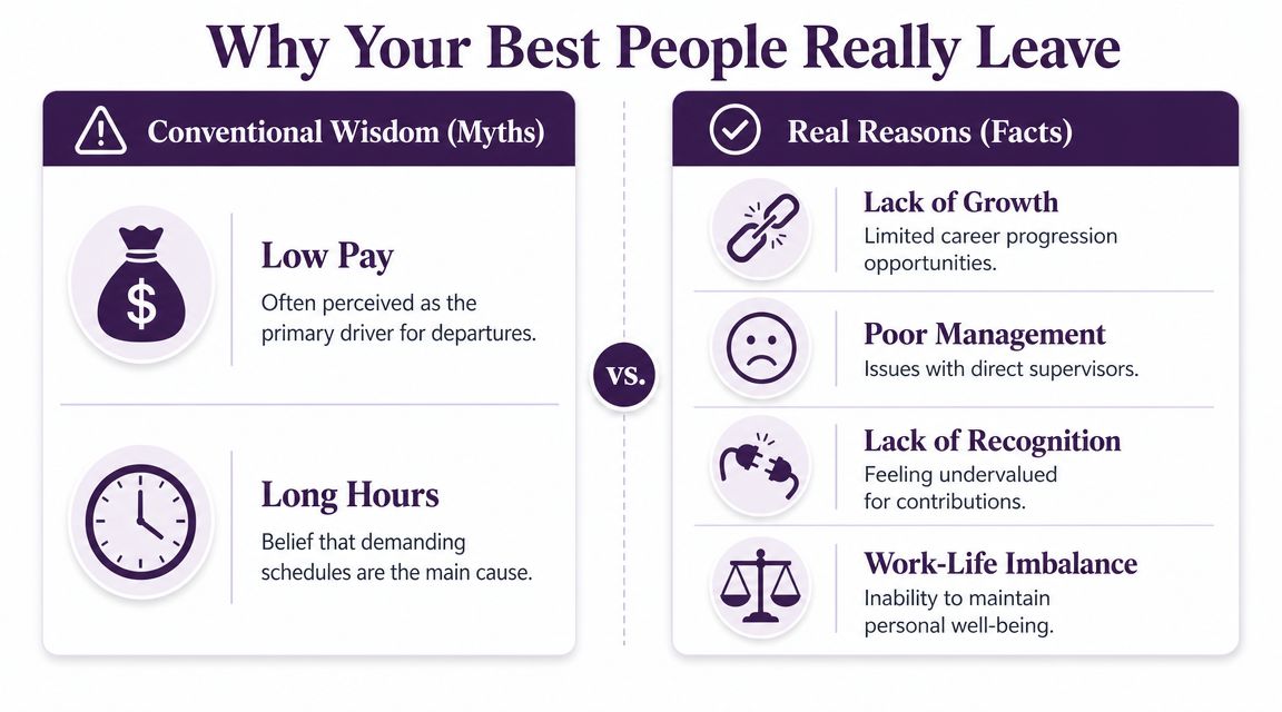 A comparison chart showing common myths versus real facts about why employees leave their jobs.