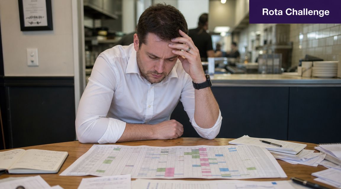 A stressed man sitting at a restaurant table analyzing a complex staff rota or work schedule.