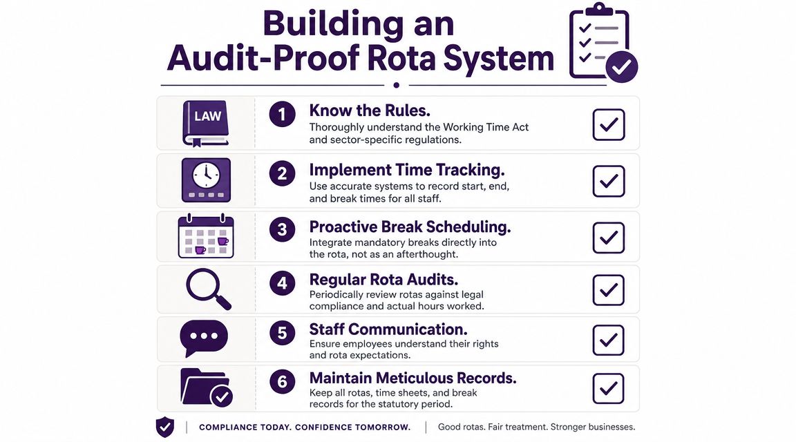 A six-step infographic guide on how to build an audit-proof staff rota system for workplace compliance.