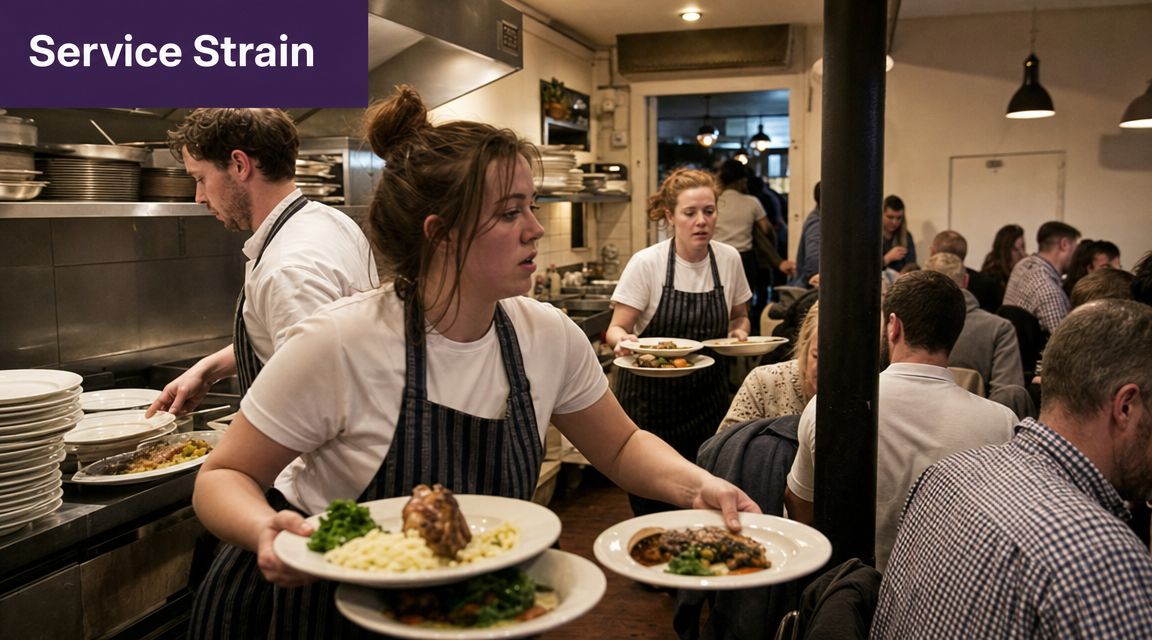Waitstaff in a busy restaurant kitchen carrying plates of food while serving customers in the dining area.