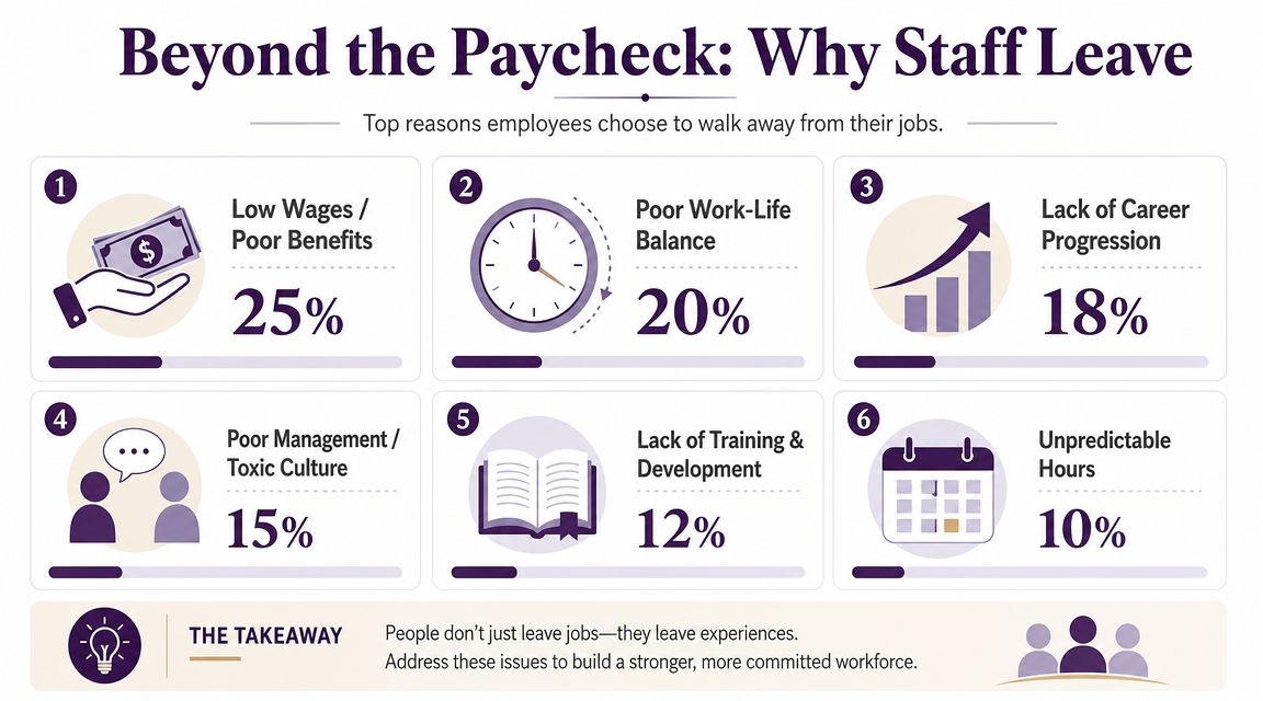An infographic titled Beyond the Paycheck displaying the top six reasons why employees leave their jobs.