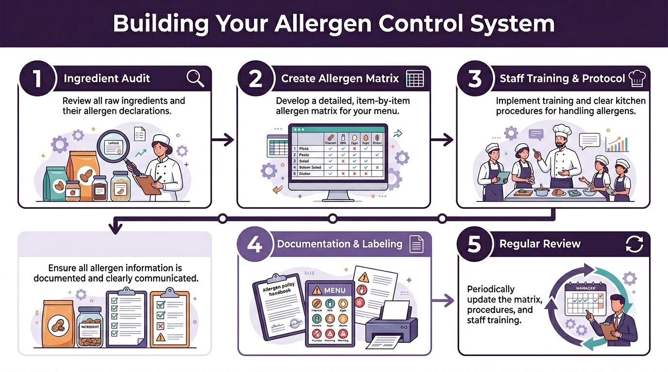 An infographic titled Building Your Allergen Control System, showing a five-step process for managing allergens in restaurants.