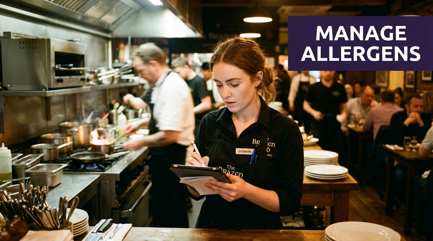 A restaurant staff member in an apron uses a tablet to manage orders in a busy kitchen.