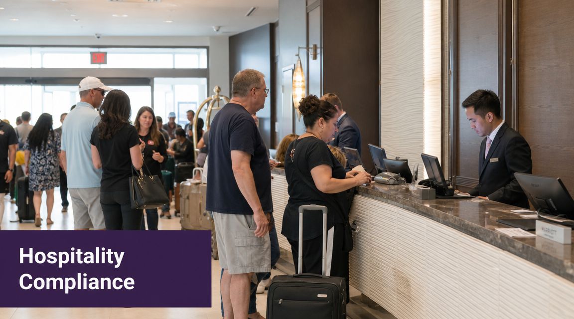 Hotel guests waiting in line to check in at a professional hotel reception desk for their stay.
