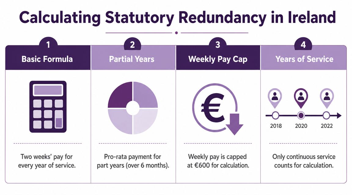 An infographic detailing the four key steps to calculate statutory redundancy payments in Ireland.