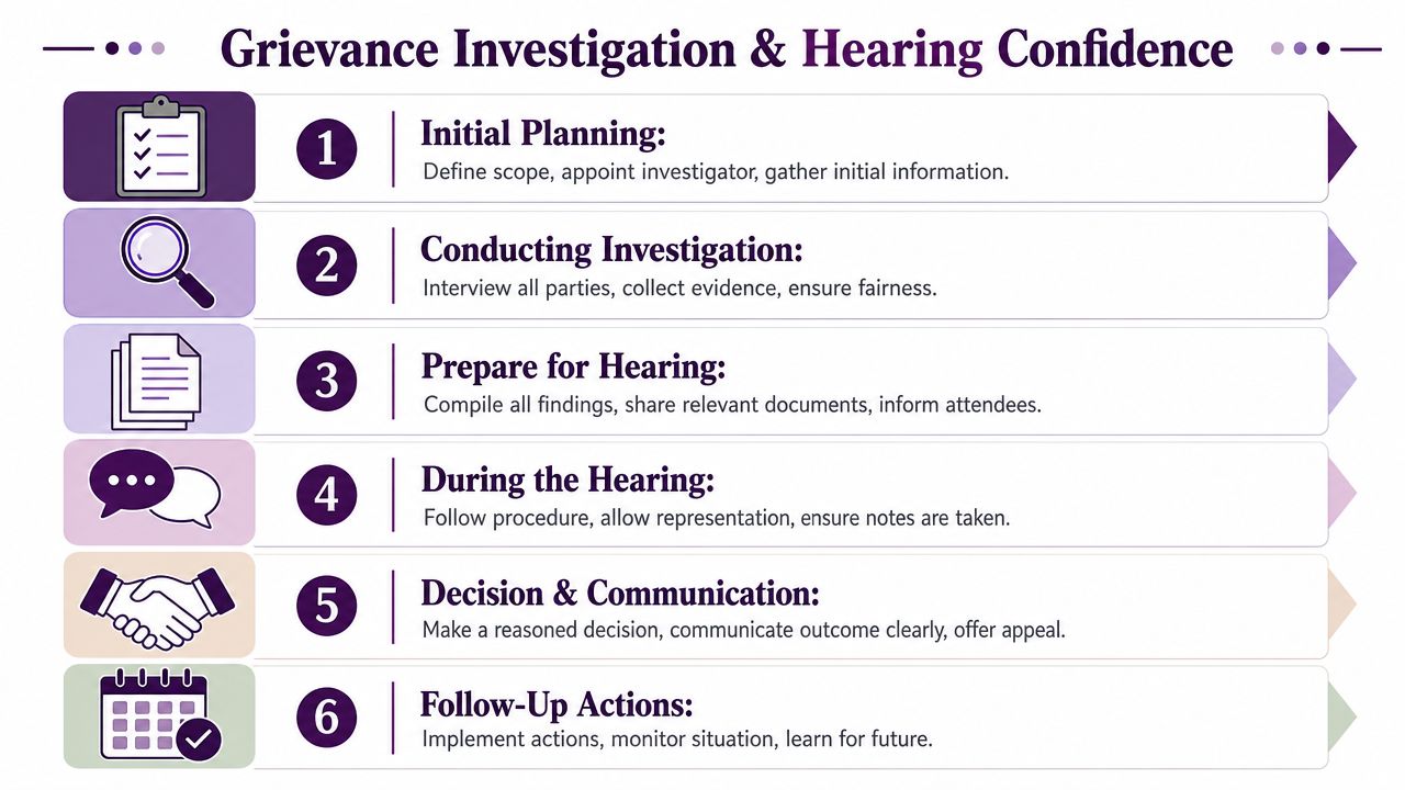 A six-step infographic illustrating the professional grievance investigation and hearing process for workplace resolution.