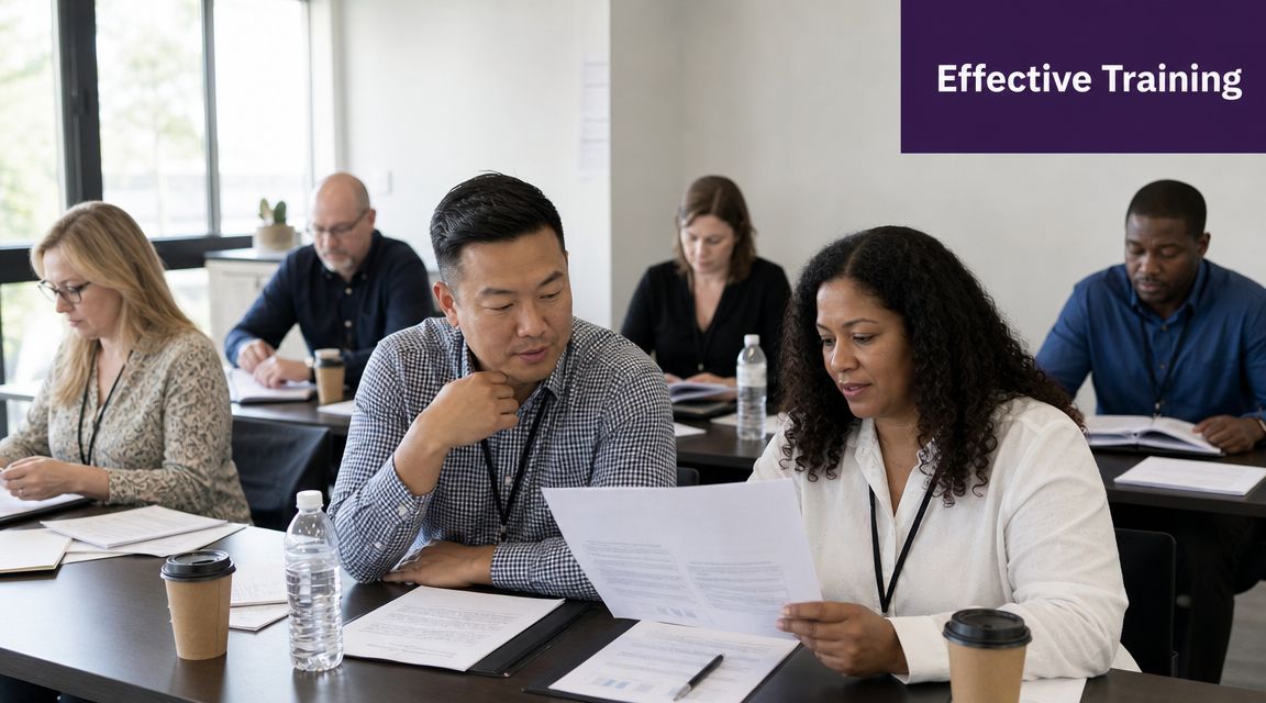 A diverse group of professional adults attending a corporate training session in a bright office environment.