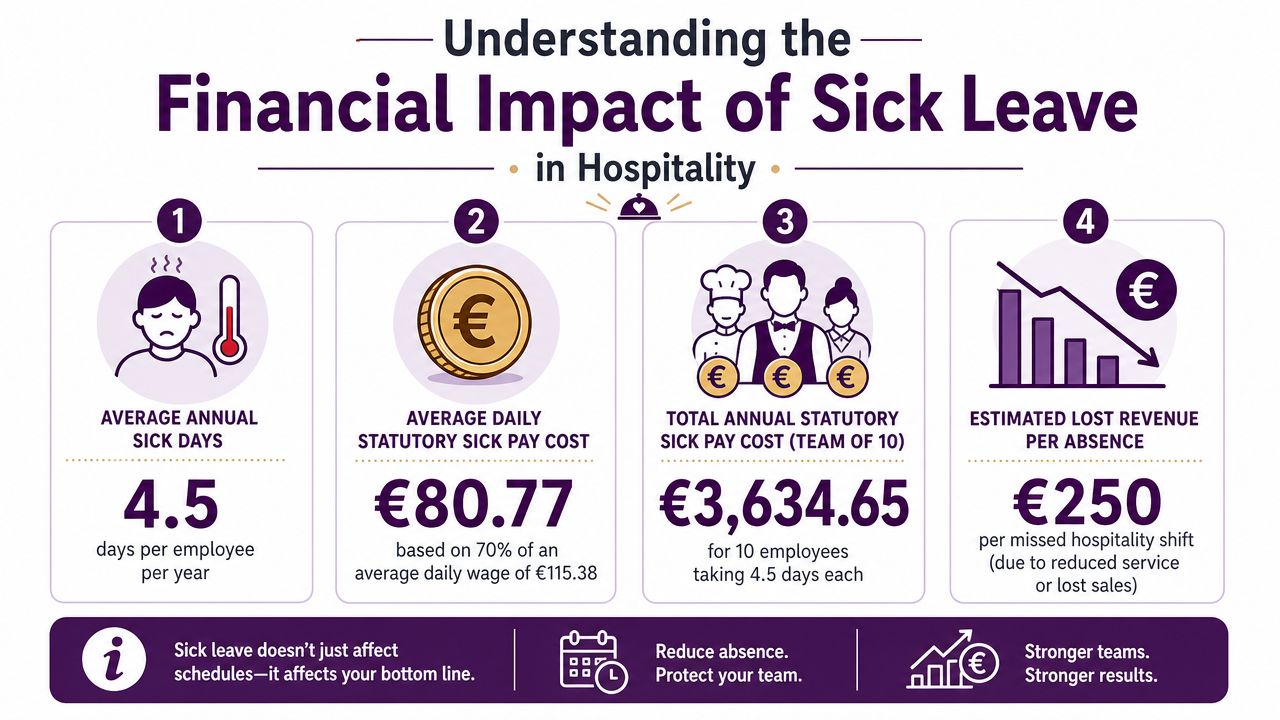 An infographic showing the financial impact of sick leave costs on hospitality businesses with four key statistics.
