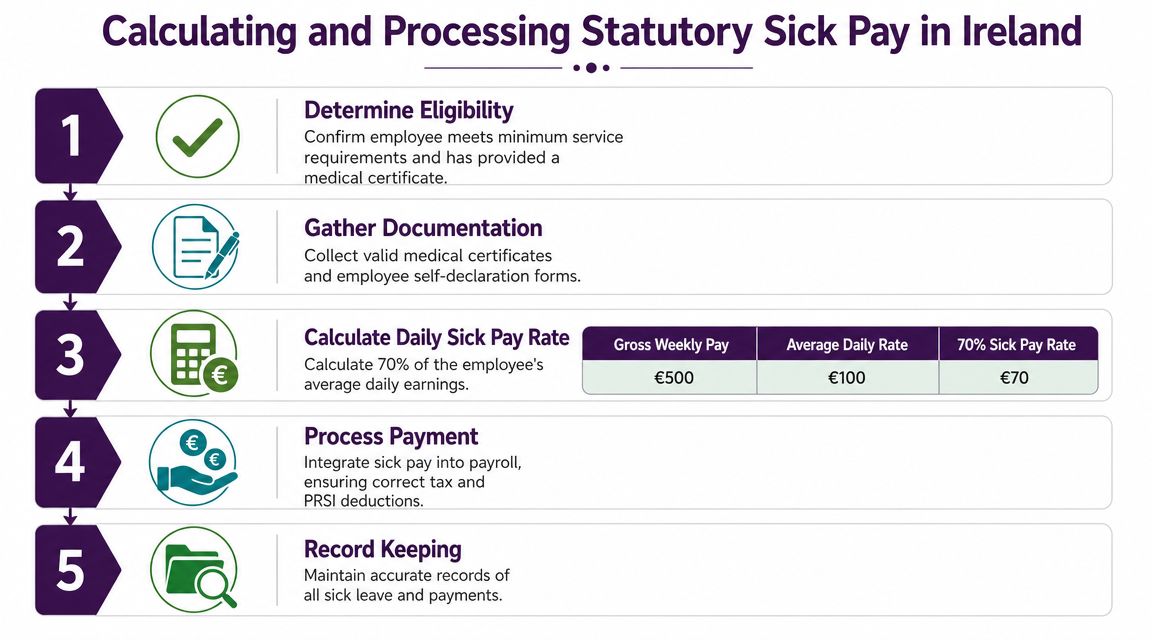 A five-step infographic detailing the process for calculating and managing statutory sick pay in Ireland.