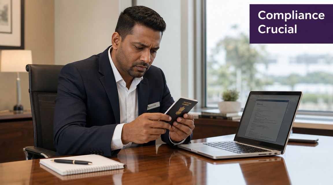 A professional man sitting at a desk checking an identification document while reviewing digital files on laptop.