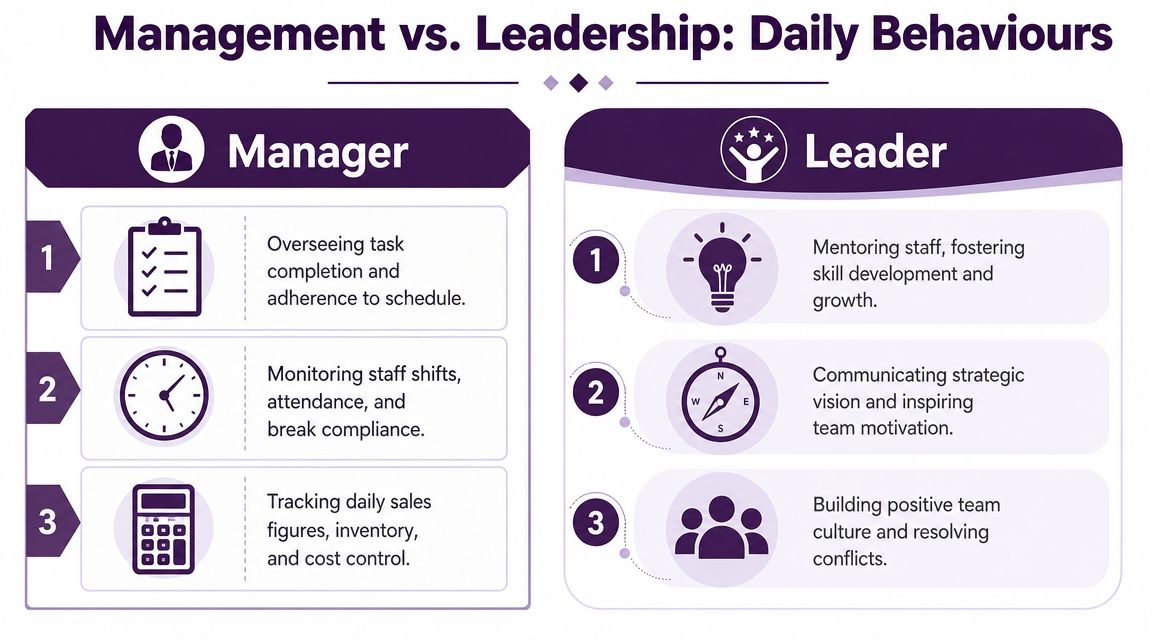 A comparison chart showing daily behaviors and differences between a manager and a leader in a workplace.