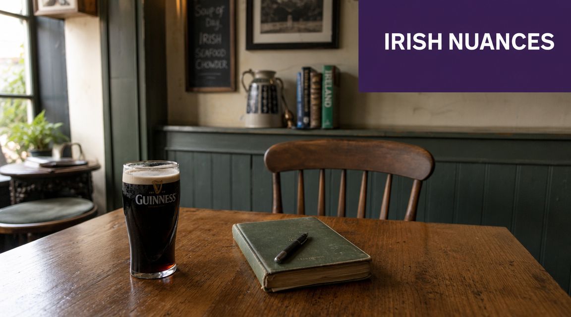 A pint of Guinness next to a vintage green journal on a wooden table in an Irish pub.