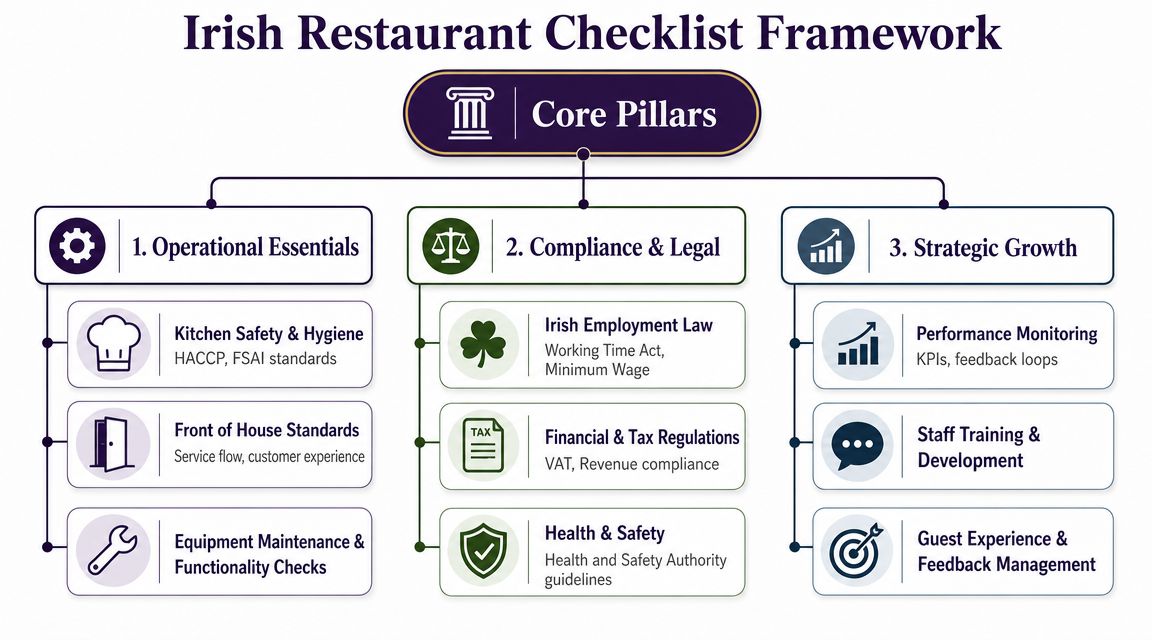 A diagram outlining the Irish Restaurant Checklist Framework with core pillars including operations, compliance, and growth.