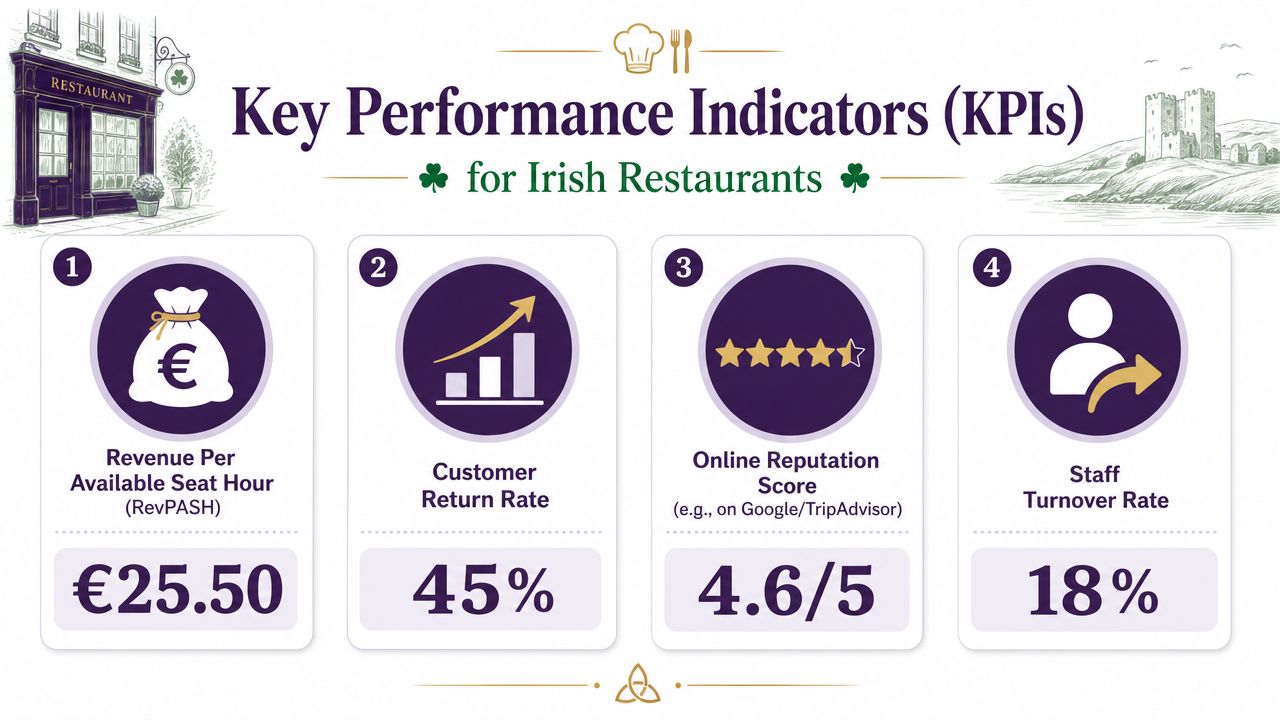 An infographic showing four key performance indicators for Irish restaurants including revenue, customer return rate, reputation, and staff turnover.