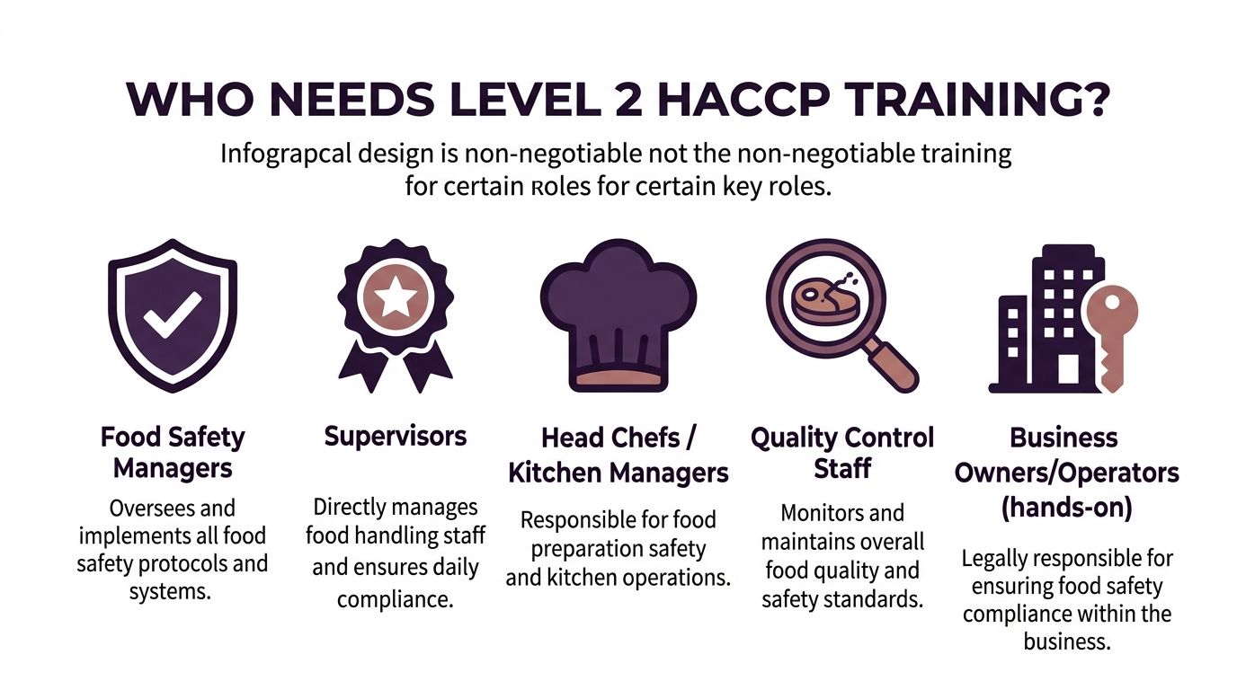 An infographic detailing five key professional roles that require mandatory level two HACCP food safety training.