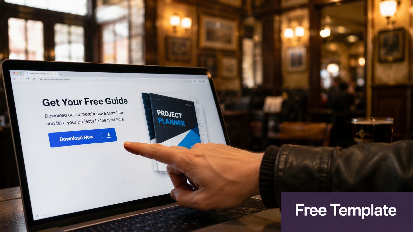 A person pointing at a laptop screen displaying a free project planner template download button.