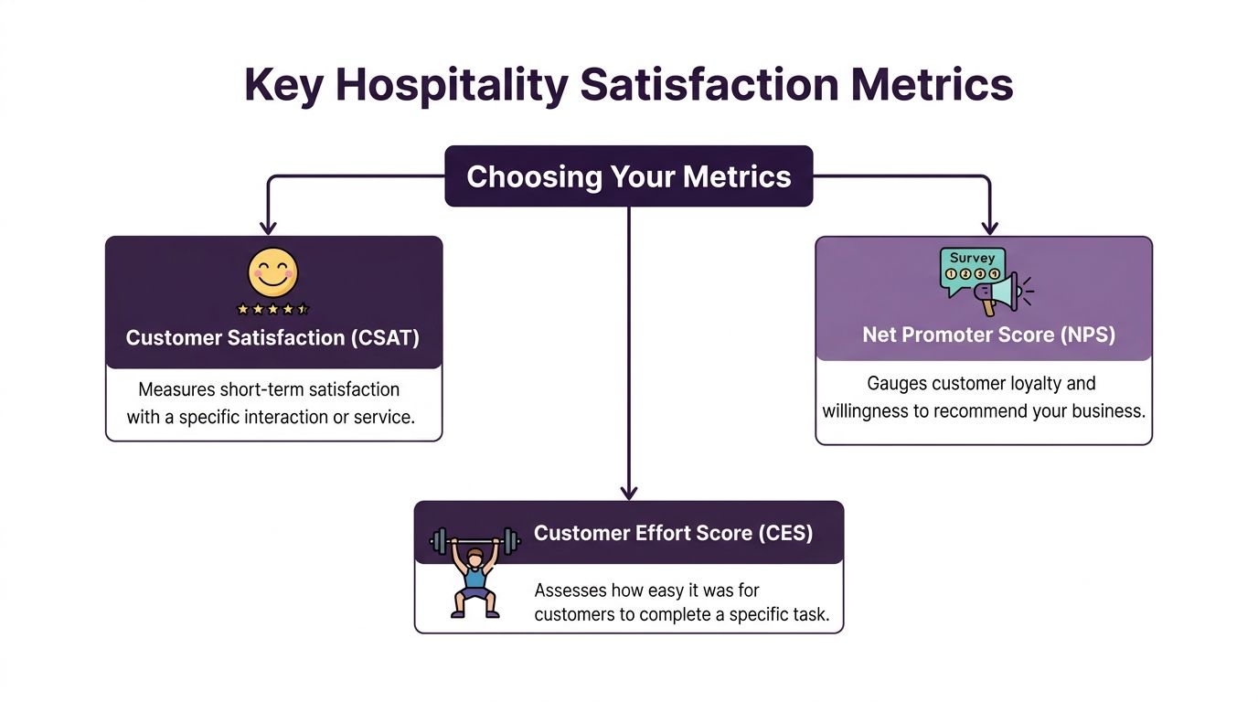 An infographic titled Key Hospitality Satisfaction Metrics showing CSAT, NPS, and CES as important feedback measurements.