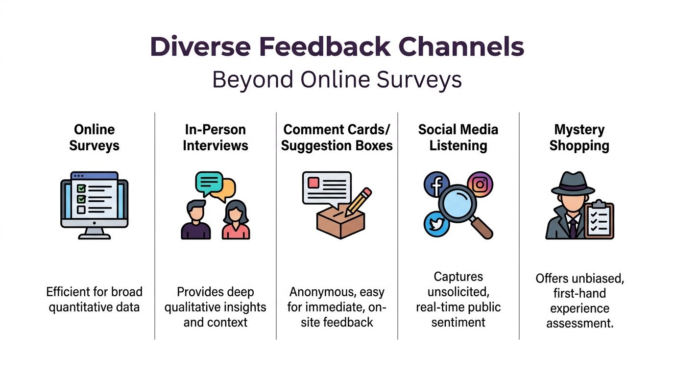 A diagram illustrating five diverse customer feedback channels as alternatives to traditional online surveys.