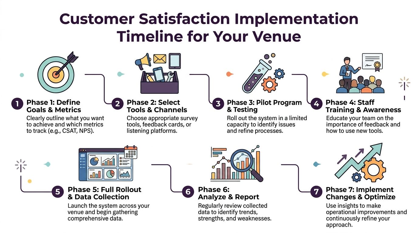 A flowchart showing a seven-phase timeline for implementing a customer satisfaction program for a venue.