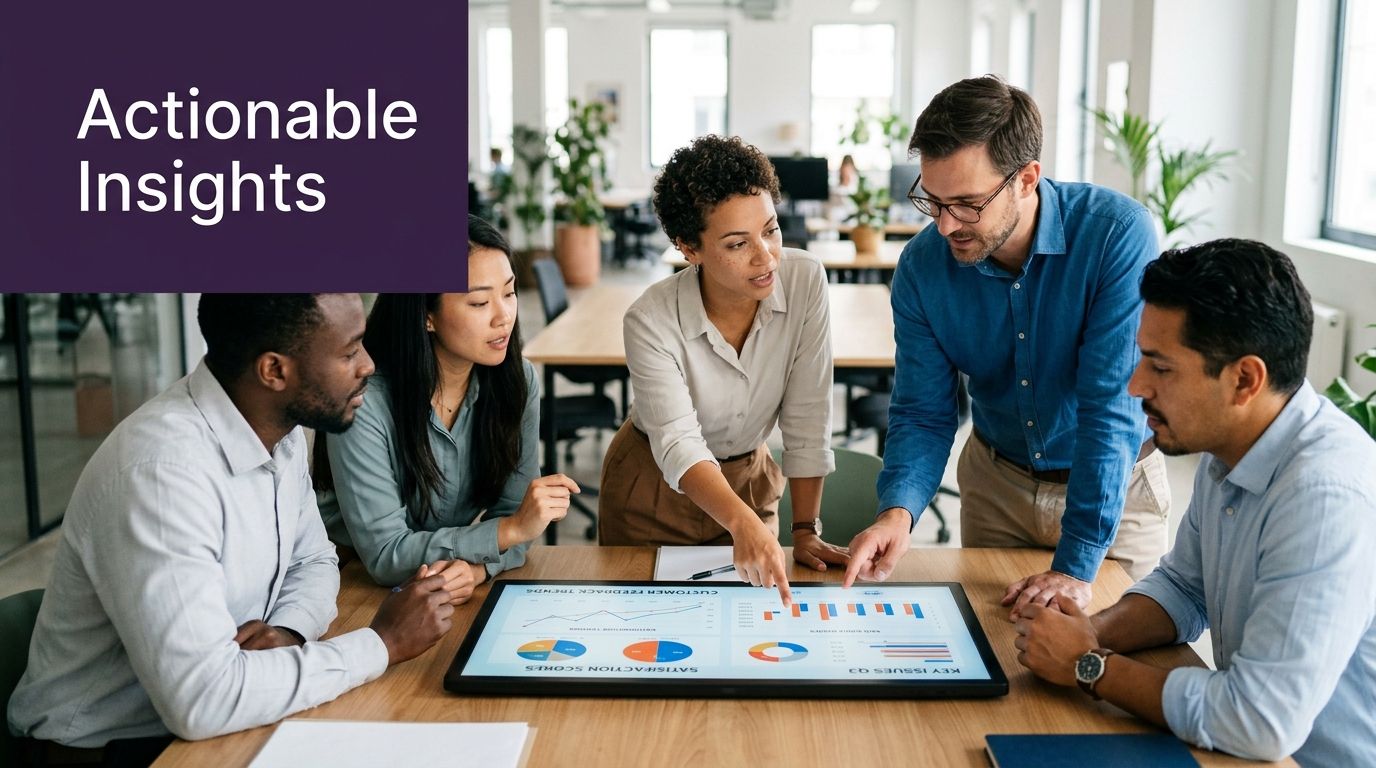 A diverse business team collaborating and analyzing customer satisfaction data on a large digital screen.