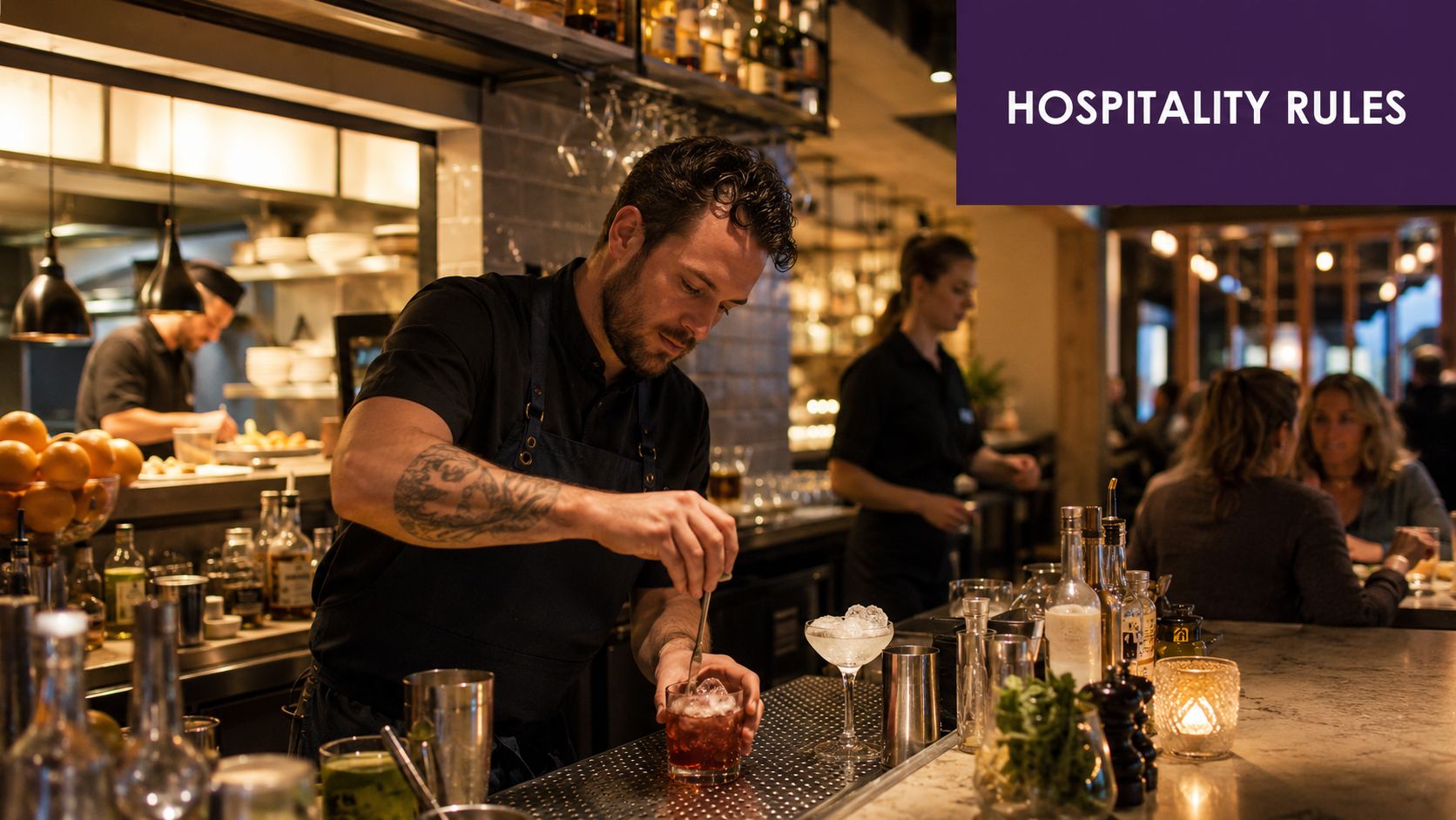 A professional bartender preparing a cocktail at a busy bar while customers dine in the background.